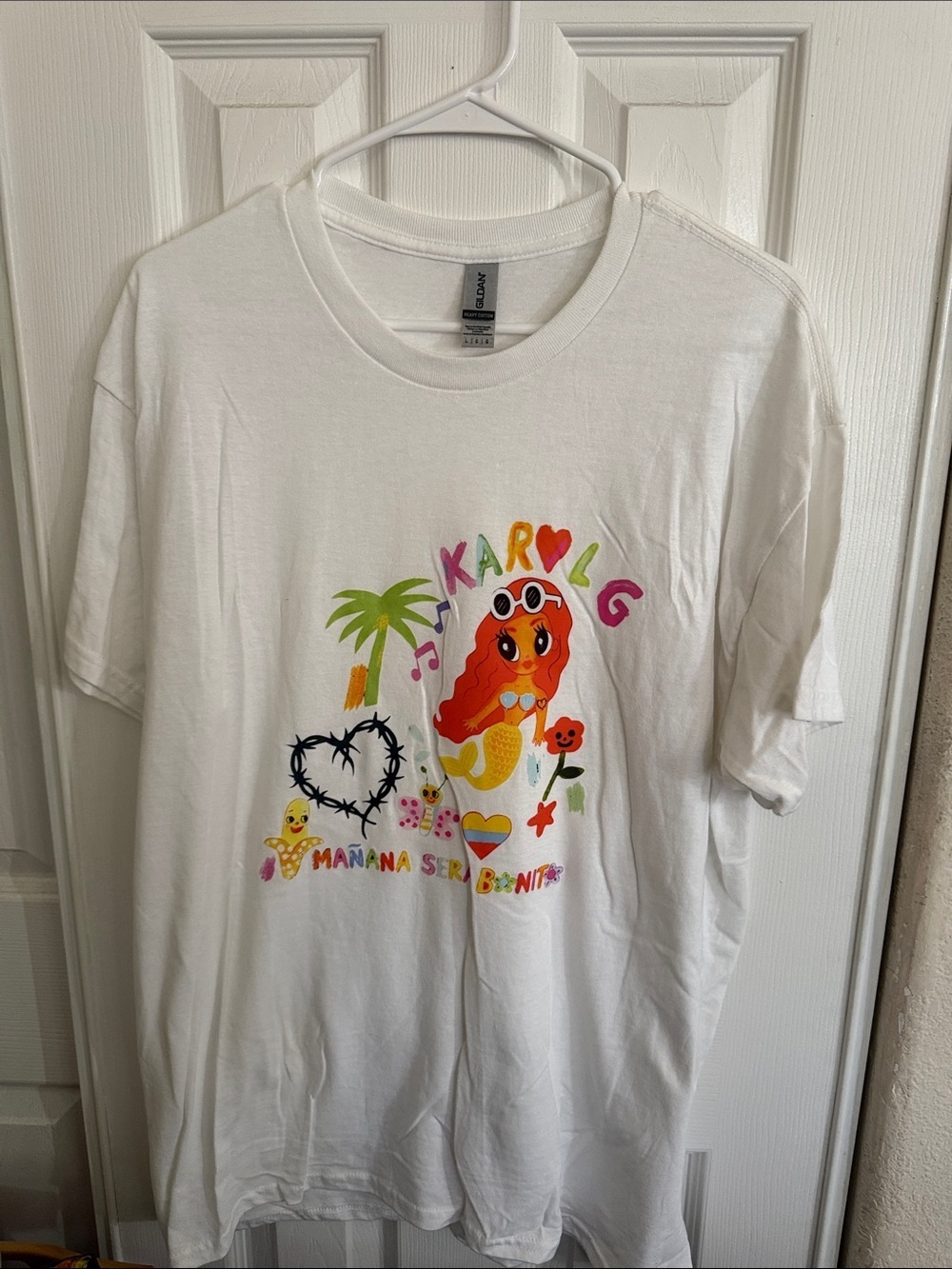 Gildan White Tee Karol G with Colorful Mermaid and Tropical Accents